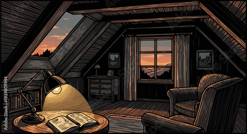 Dark attic room with table lamp open book and two armchairs