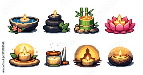 Zen candle arrangements with stones and lotus on neutral background