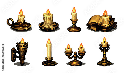 Antique brass candle holders displayed on neutral surface in rows