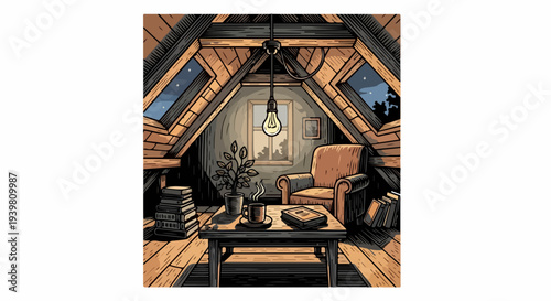 Square attic interior with hanging bulb armchair coffee table and plants