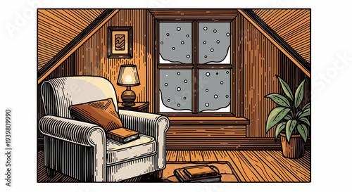 Attic corner with armchair table lamp snowy window and houseplant