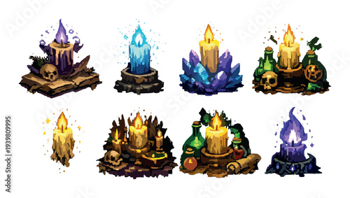 Eight mystical candles with crystals and potions on dark background