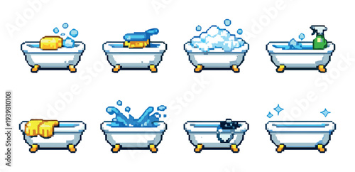 Eight bathtub icons with soap and bubbles on neutral background