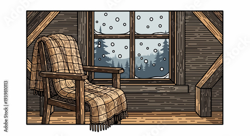 Wooden armchair near attic window with falling snow illustration