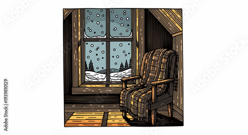 Attic corner with plaid armchair and winter window engraving illustration