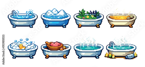 Eight bathtubs filled with varied contents on dark background