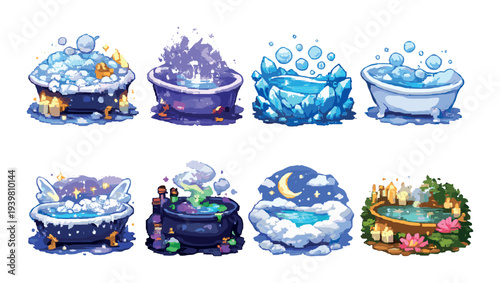 Eight tubs with glowing elemental fillings on gradient backdrop