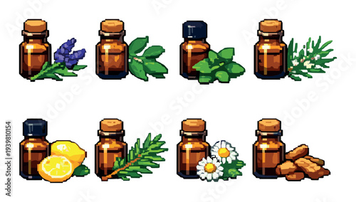 Twelve small amber bottles with herbs and citrus sprigs