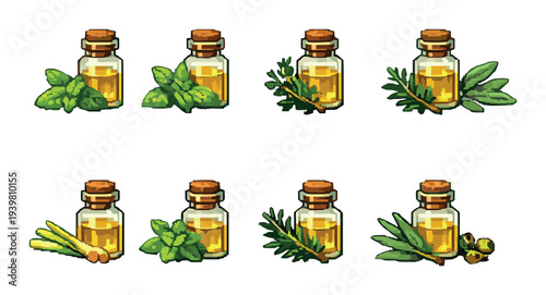 Ten small oil bottles with assorted herb sprigs on green backdrop