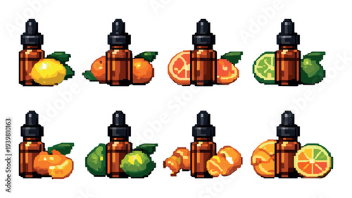 Amber dropper bottles with citrus fruits on gray backdrop
