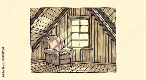 Armchair beside window in wood paneled attic room with sunbeam
