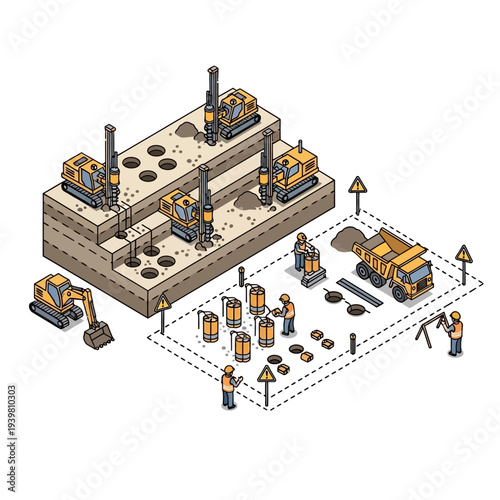 Isometric illustration of construction site with workers and machinery.