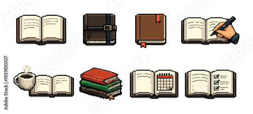 Book and notebook icons arranged in two rows on neutral background