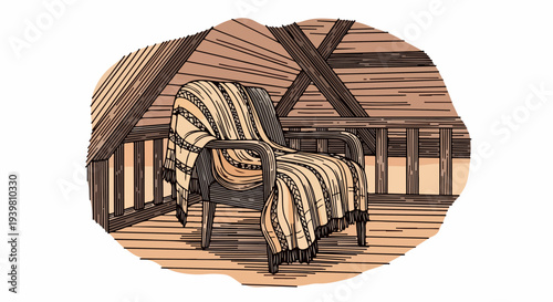 Irregular frame attic chair with striped blanket illustration