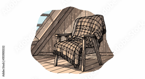 Irregular frame armchair with plaid throw beside attic window illustration