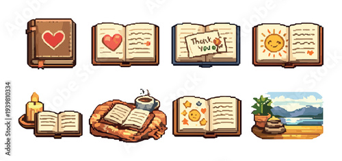 Open journals with hearts and gratitude notes on plain background