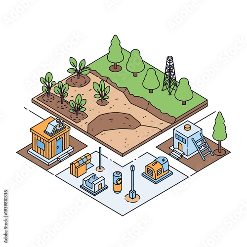 Isometric illustration of an oil refinery and surrounding environment.