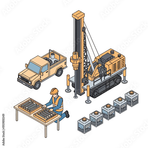 Drilling Rig Operation with Worker Inspecting Core Samples.