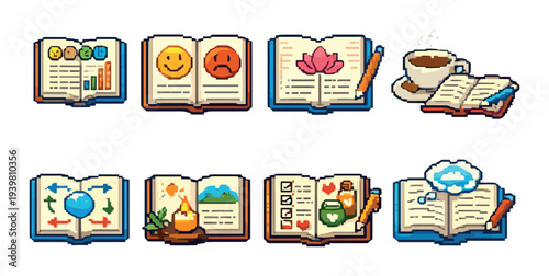 Open books displaying wellness and journal icons on neutral background