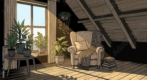 Attic armchair with plants table and window sunlight illustration