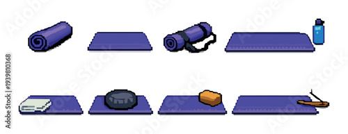 Purple yoga mats and accessories arranged on neutral surface