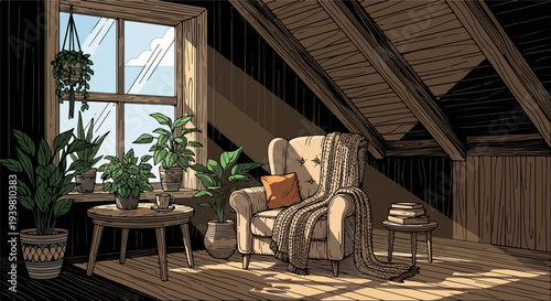 Attic armchair with plants coffee table and window view illustration