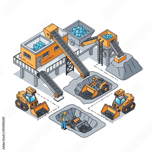 Industrial mining operation with machinery and conveyor belts.