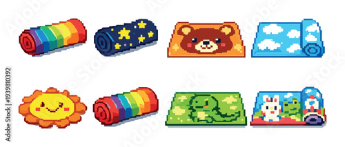 Pixel mats and rolled blankets arranged on gray background
