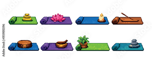 Spa and meditation items arranged on colored display mats