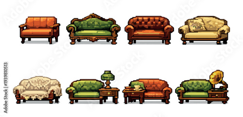 Assorted vintage sofas arranged with tables and decor items