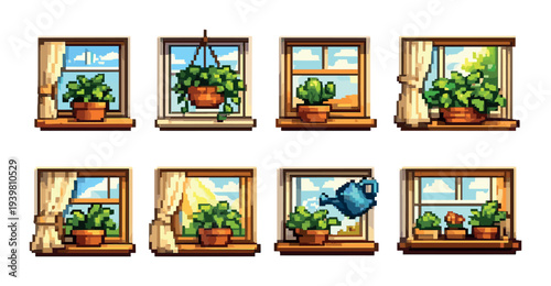 Multiple window frames with potted plants and watering can on sill