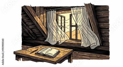 Attic desk with notebook and pen by open window and sheer curtains