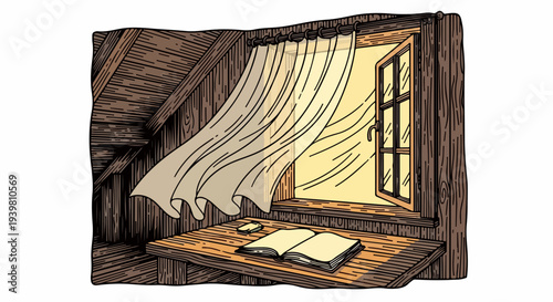 Attic window with flowing curtain above wooden desk and open book