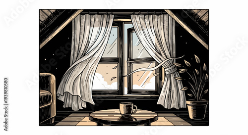 Night attic window with tied curtain coffee cup and potted plant