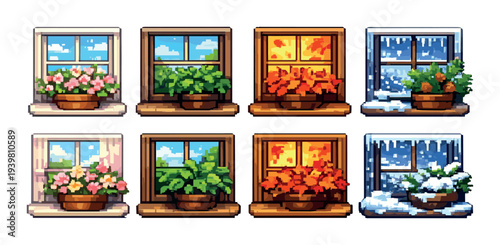 Window planters showing seasonal displays in two by four grid