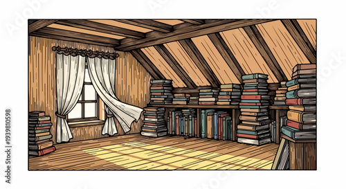 Attic library room with bookshelves stacks and window curtain