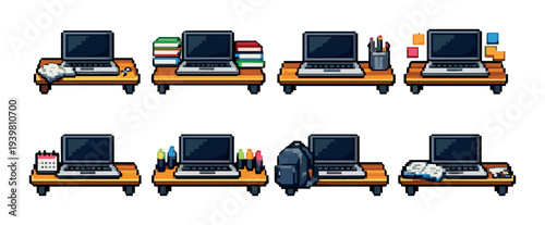 Laptops with study accessories arranged on wooden shelves