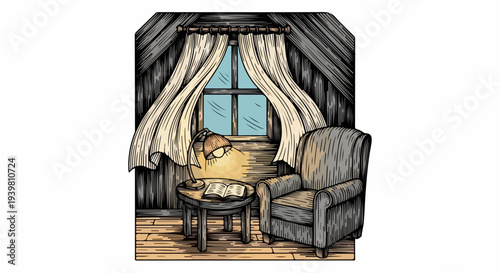 Attic interior with armchair, round table, lit lamp, open book, and draped window curtains