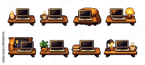 Laptops displayed with lamps and decor on wall shelves