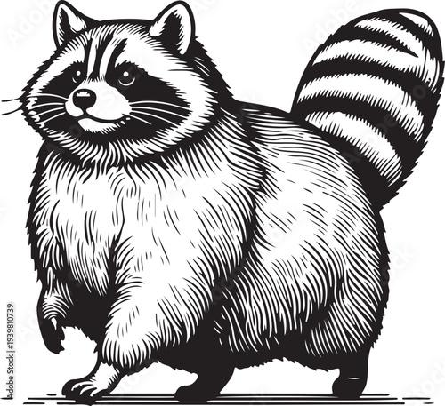 Chubby raccoon with a bushy tail, showcasing intricate details and playful character sketch engraving generative ai vector illustration. Scratch board imitation. Black and white