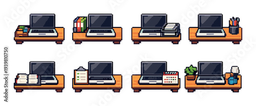 Laptops paired with office supplies on wooden wall shelves