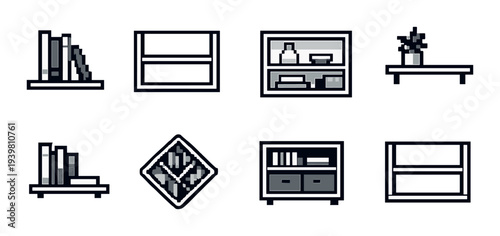 Minimal shelf and book icons displayed on gray background