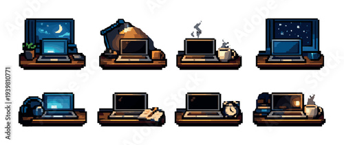 Laptops with accessories arranged on wooden wall shelves