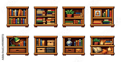 Wooden shelves filled with books and decor on wall display