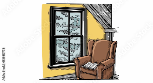 Window and armchair with open book in attic room