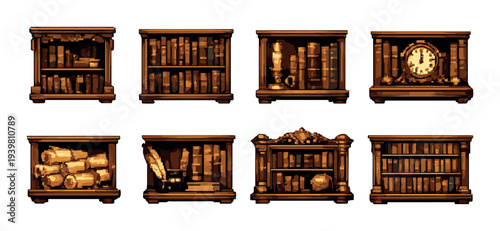 Antique wooden shelves holding books and artifacts on wall