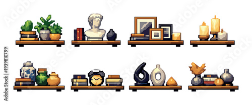 Wooden shelves displaying decorative objects on wall