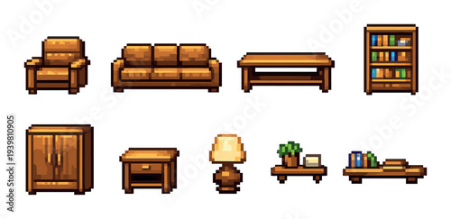 Assorted wooden furniture pieces arranged in grid on gray background