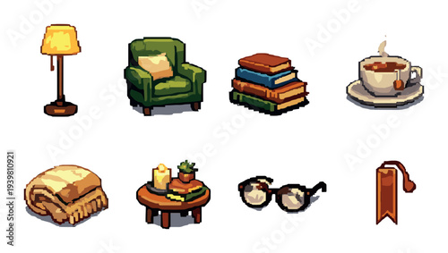 Reading nook objects arranged in two rows on neutral background