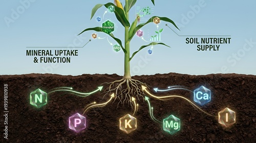 Corn plant absorbing mineral nutrients from soil illustrating the process of nutrient uptake and function